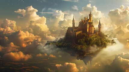 A castle floating on a cloud above a scenic landscape