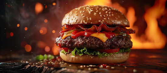Tasty hot burger, hamburger, cheeseburger with beef, cheese, tomato sauce, onion, bacon and lettuce close up. Fast food. - obrazy, fototapety, plakaty