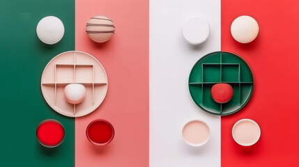  a red, white, and green wall with different shapes and sizes of objects on it and a green shelf with a red ball in the middle.