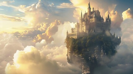 A castle floating on a cloud above a scenic landscape