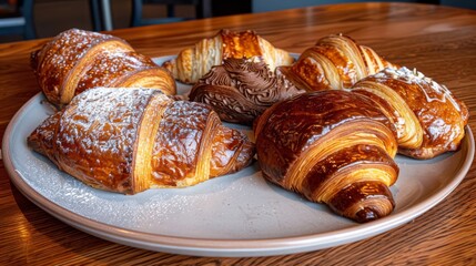  a white plate topped with croissants covered in powdered sugar on top of a brown wooden table.
