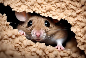 A close-up of a small, fluffy mouse peeking out curiously from its hiding spot, showcasing its adorable features.