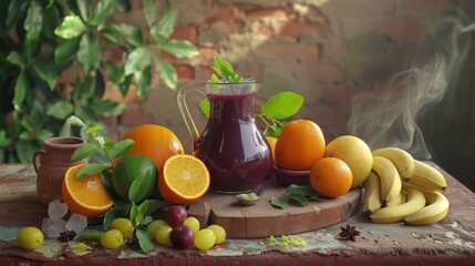 a table topped with a pitcher of liquid next to oranges and other fruit on top of a wooden cutting board.