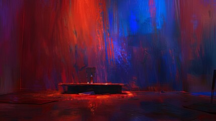  a room with a red and blue painting on the wall and a black chair in the middle of the room.