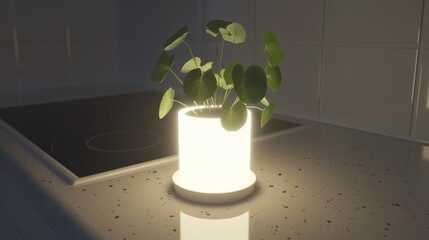 a potted plant sitting on top of a counter top next to a stove top oven with a light shining on it.