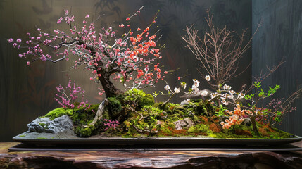 Miniature pink flowering bonsai tree, concept of tranquility and spring