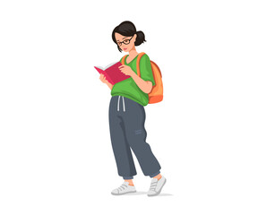 Vector illustration of woman with book and backpack on white color background. Flat style design of student girl reading book