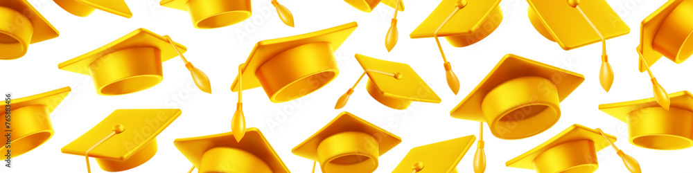 Wall mural Vector illustration of golden graduate cap on white background. Caps thrown up pattern. 3d style design of congratulation graduates 2024 class with graduation hat - Wall murals