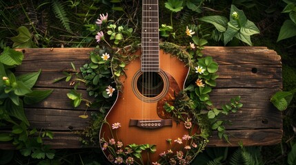 A guitar sprouting flowers from its body, blending music and nature