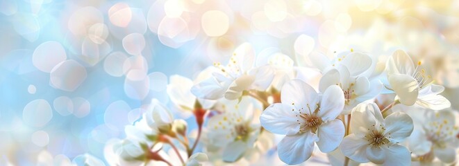 Delicate white blossoms banner under ethereal blue sky of spring - obrazy, fototapety, plakaty