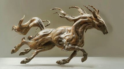 A detailed sculpture of a mythical creature, captured in mid-movement, with fine details etched into its surface
