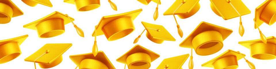 Vector illustration of golden graduate cap on white background. Caps thrown up pattern. 3d style design of congratulation graduates 2024 class with graduation hat