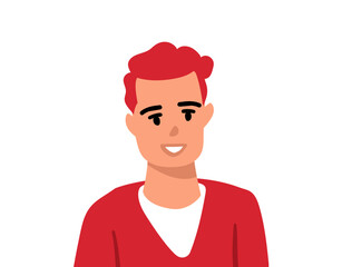 Vector illustration of male portrait on white color background. Flat style design of avatar of man white skin with red curly hair in sweater