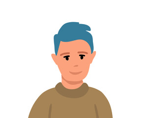Vector illustration of male portrait on white color background. Flat style design of avatar of man white skin with blue hair in sweater