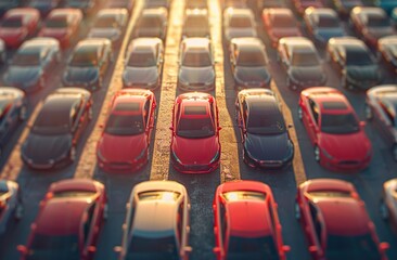 Obraz premium Colorful cars parked in rows under sunlight casting shadow on ground