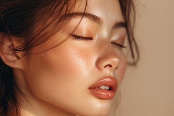 Fototapeta premium Asian woman with closed eyes on soft beige background highlighting natural make-up