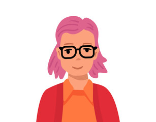 Vector illustration of female portrait on white color background. Flat style design of avatar of woman white skin with pink hair in glasses