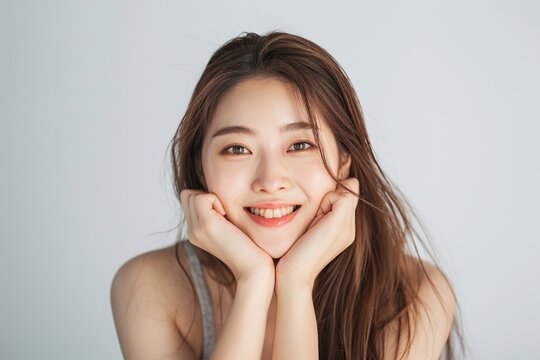 Portrait of a Radiant Korean Woman Smiling in a grey Studio Backdrop