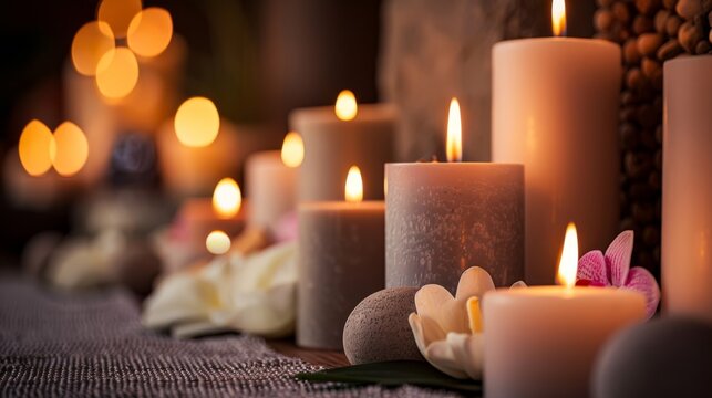  a row of lit candles sitting on top of a table next to a wall with flowers and rocks on it.