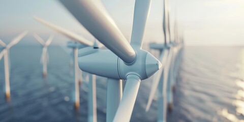 White blades of offshore wind turbines generate renewable energy in calm sea