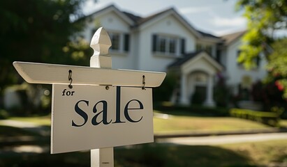 Elegant house with prominent "for sale" sign indicating property availability