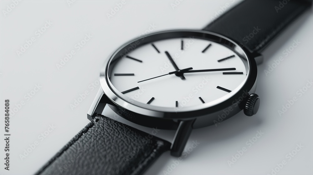 Poster a uhd close-up of a sleek wristwatch resting on a pristine white background, with empty space around