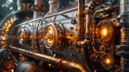 A detailed image of a classic, steam locomotive engine, its metal surfaces and components highlighted by the lighting