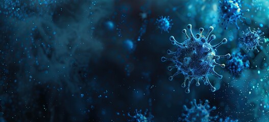 Floating blue virus shapes in a dark 3D rendered conceptual art - obrazy, fototapety, plakaty
