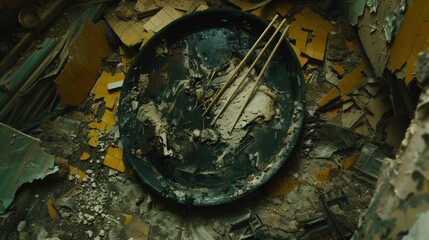  a dirty plate with a whisk sticking out of it in the middle of a room full of debris.