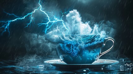A teacup storm with lightning and thunder inside, brewing storm - obrazy, fototapety, plakaty