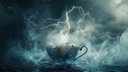 A teacup storm with lightning and thunder inside, brewing storm - obrazy, fototapety, plakaty