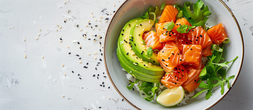 Healthy bowl with raw salted salmon fish, avocado, greens, rice. Food and health, diet. Healthy meal, dinner dish. Healthy fats and protein nutrition. Top view, white background