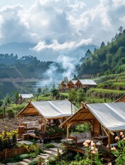 Obraz premium Several wooden cabins nestled on top of a green hill. The cabins are surrounded by trees and vegetation, creating a picturesque countryside scene