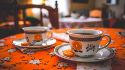  a close up of a cup of coffee on a plate on a table with a plate with an orange slice on it. - obrazy, fototapety, plakaty