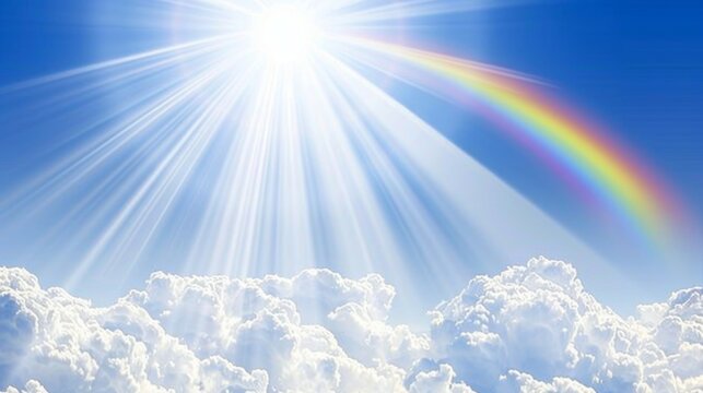  the sun shines brightly above the clouds with a rainbow in the middle of the rainbow is in the middle of the picture.
