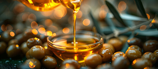 Flowing fresh extra virgin cold pressed olive oil with green olives on background. Sun light. Healthy food ingredient.