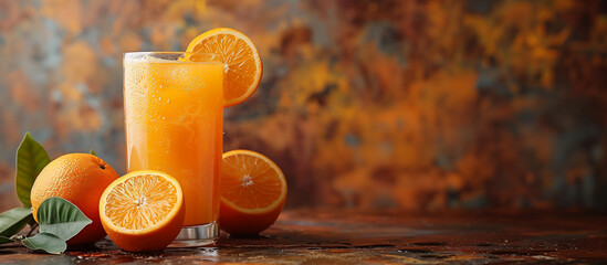 Fresh orange juice glass. Ripe oranges on background.