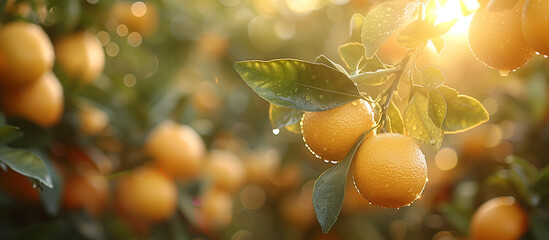 Ripe sweet juicy mandarines or oranges on the tree close up. Mandarin or orange harvest, fruit...