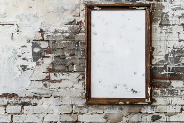 Against a weathered brick wall, a rustic empty frame mockup blends tradition with contemporary style. Its worn appearance adds warmth and character to the space, inviting artistic expression.