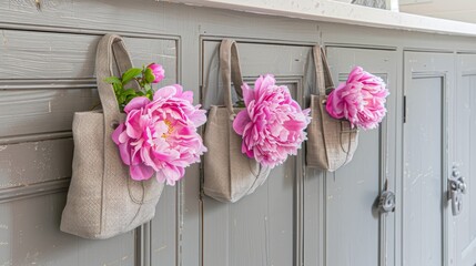  a bunch of pink flowers are hanging from a hook on the side of a gray cabinet with burlap handles.