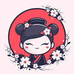 Kawaii chibi japanese girl in kimono with sakura flowers on red background. Vector cute anime character.