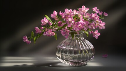  a vase filled with pink flowers sitting on top of a table next to a shadow of a person's face.