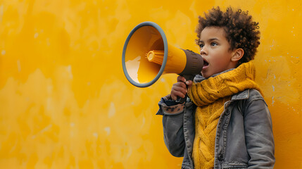 a young boy is holding a megaphone in front of a yellow wall - obrazy, fototapety, plakaty