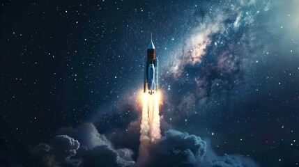 Capturing the dramatic moment of takeoff, this image showcases a rocket as it blasts off into the starry sky with a powerful light beam