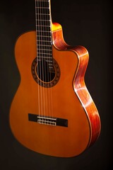 Obraz premium Classical Spanish flamenco guitar close up, dramatically lit isolated on black background with copy space.