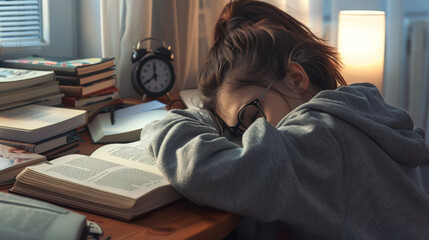 Fototapeta premium A person in a grey hoodie rests their head on a desk, amidst a chaos of open books.