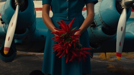  a woman in a blue dress standing in front of an airplane with a bouquet of flowers in front of it.