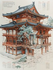 Fototapeta premium Intricate Architectural Blueprint of Asian Pagoda Building