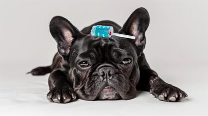 A French Bulldog lies on the floor with a syringe in front, wearing a blue ice pack on its head.