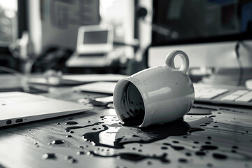 Overturned coffee cup on a desk, concept of accident and disorder - obrazy, fototapety, plakaty